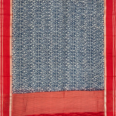 Blue Chanderi Cotton Saree With Printed Jaal & Contrast Border-Blue