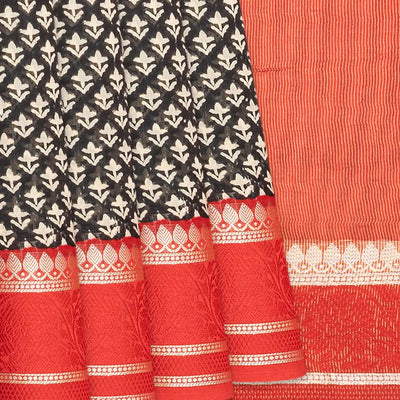 Black Chanderi Cotton Saree With Printed floral Motifs & Contrast Border-Black
