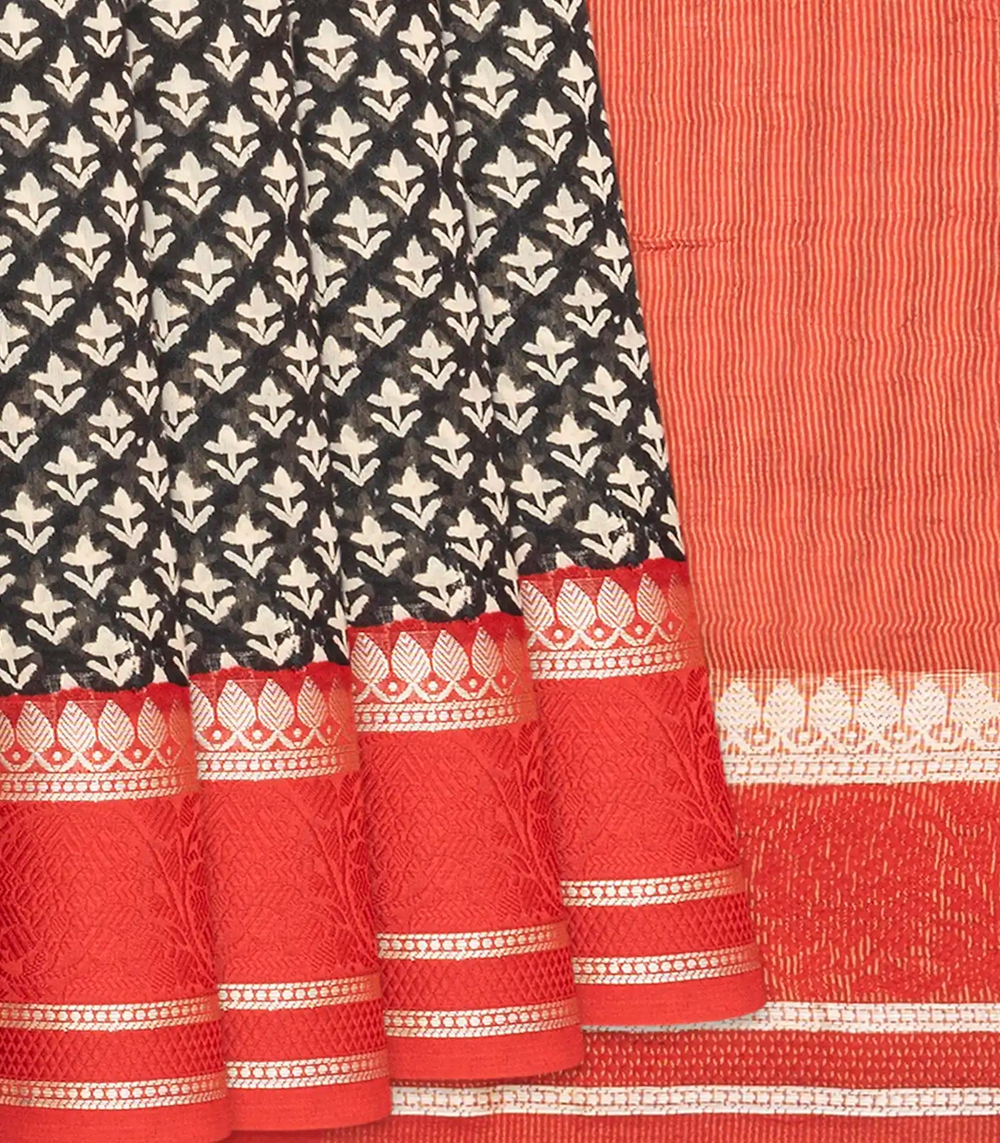 Black Chanderi Cotton Saree With Printed floral Motifs & Contrast Border-Black