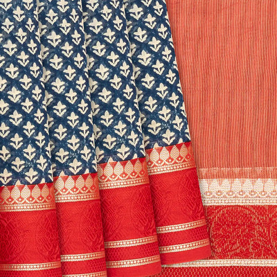 Indo Chanderi Cotton Saree with Screen-printed Floral Motifs in a striking red border