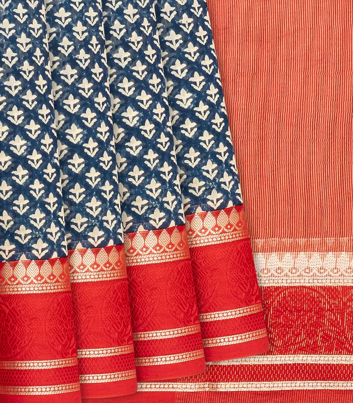 Indo Chanderi Cotton Saree with Screen-printed Floral Motifs in a striking red border