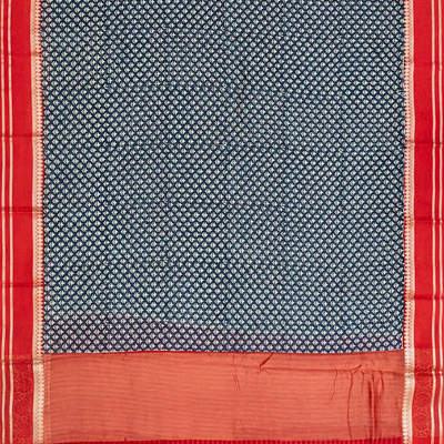 Indo Chanderi Cotton Saree with Screen-printed Floral Motifs in a striking red border