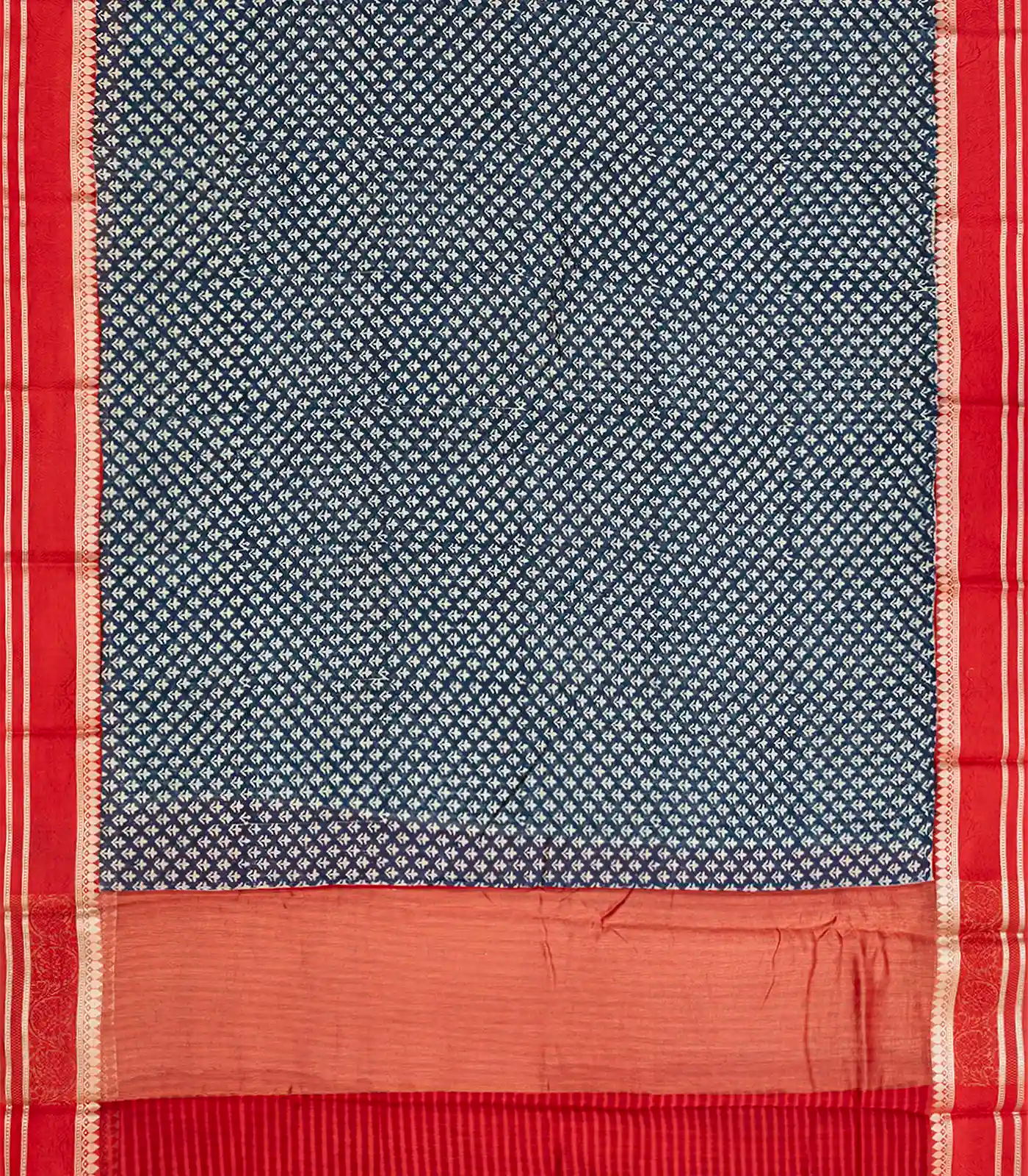 Indo Chanderi Cotton Saree with Screen-printed Floral Motifs in a striking red border