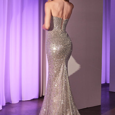 Beaded Fitted Strapless Gown by Ladivine CC385
