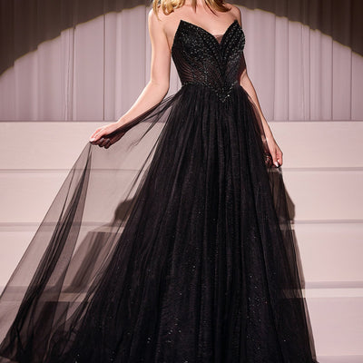 Beaded Strapless Tulle Ball Gown by Ladivine CC415