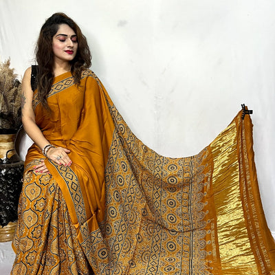 Fine Modal Silk Authetic Hand blocked Ajrakh Print Saree