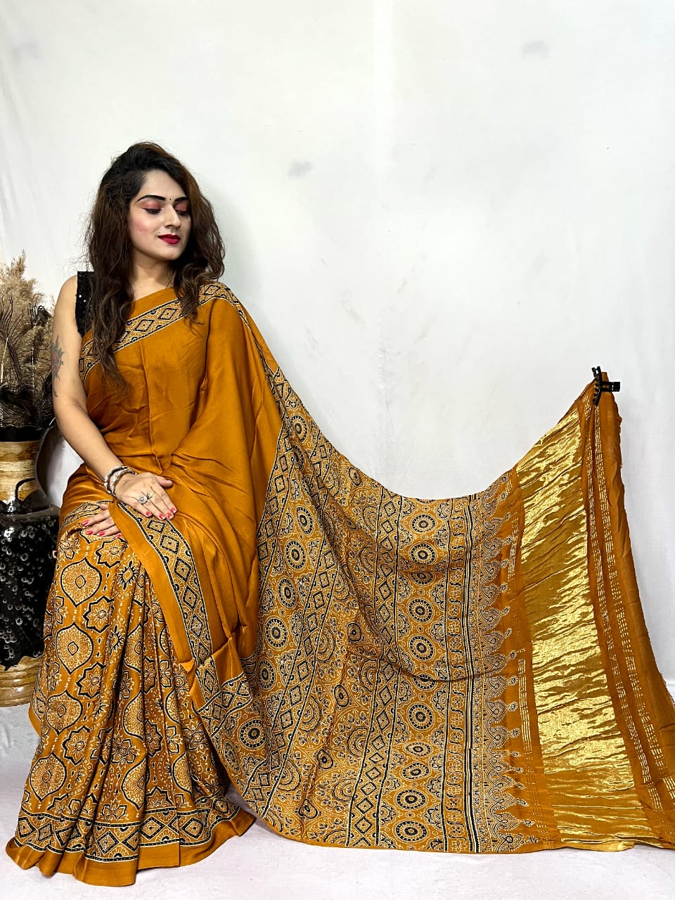Fine Modal Silk Authetic Hand blocked Ajrakh Print Saree