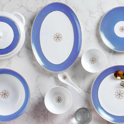 Urmi Noir Blue Dinner Set  | Premium 22K Liquid Gold | Set of 40 Pcs