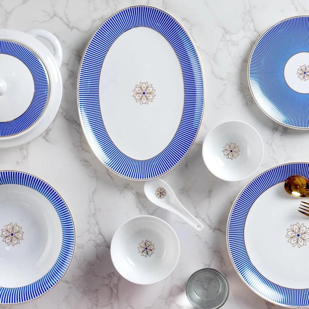 Urmi Noir Blue Dinner Set  | Premium 22K Liquid Gold | Set of 40 Pcs