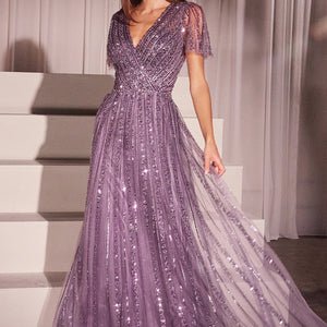 Beaded Short Sleeve A-line Gown by Ladivine CD0241