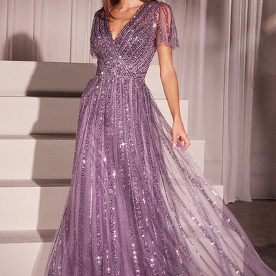 Beaded Short Sleeve A-line Gown by Ladivine CD0241