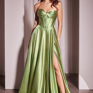 Satin Strapless A-line Slit Gown by Ladivine CD378