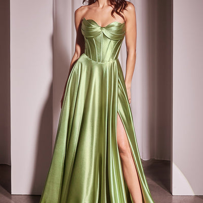 Satin Strapless A-line Slit Gown by Ladivine CD378