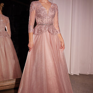 Applique 3/4 Sleeve A-line Gown by Ladivine CD789