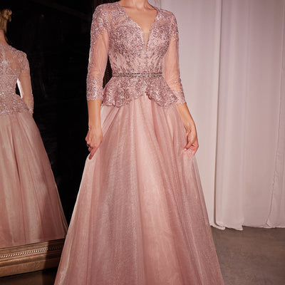 Applique 3/4 Sleeve A-line Gown by Ladivine CD789