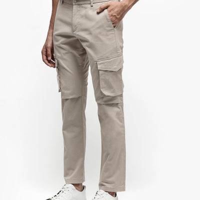 Rare Rabbit Men's Celu Beige Solid Mid-Rise Cargo Style Slim-Fit Trouser