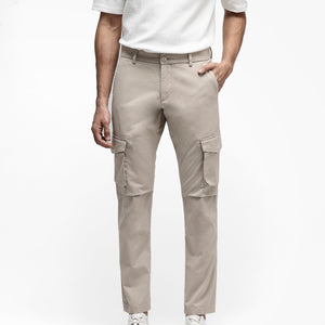 Rare Rabbit Men's Celu Beige Solid Mid-Rise Cargo Style Slim-Fit Trouser