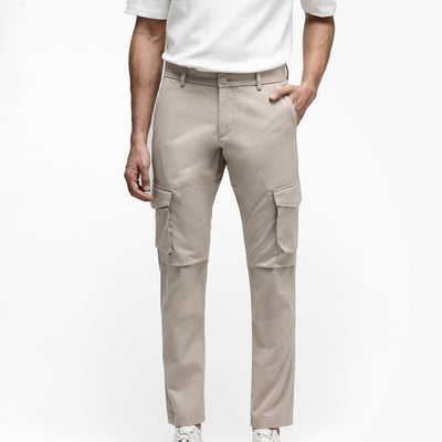Rare Rabbit Men's Celu Beige Solid Mid-Rise Cargo Style Slim-Fit Trouser