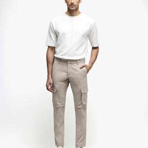 Rare Rabbit Men's Celu Beige Solid Mid-Rise Cargo Style Slim-Fit Trouser