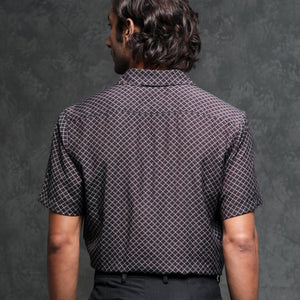 Rare Rabbit Men's Chart Brown Viscose Nylon Fabric Cuban Collar Geometric Print Half Sleeves Shirt