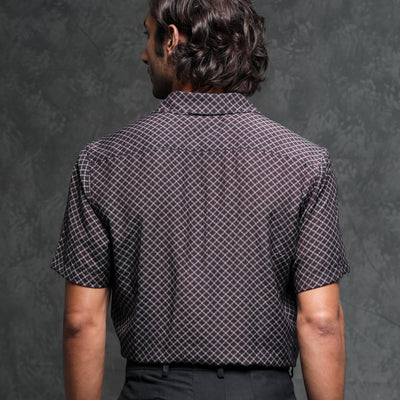 Rare Rabbit Men's Chart Brown Viscose Nylon Fabric Cuban Collar Geometric Print Half Sleeves Shirt