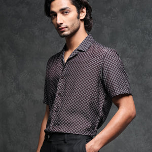 Rare Rabbit Men's Chart Brown Viscose Nylon Fabric Cuban Collar Geometric Print Half Sleeves Shirt