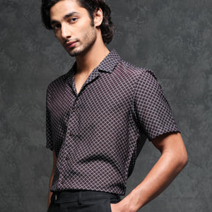 Rare Rabbit Men's Chart Brown Viscose Nylon Fabric Cuban Collar Geometric Print Half Sleeves Shirt