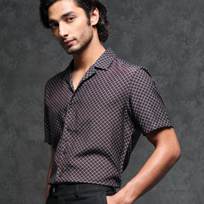 Rare Rabbit Men's Chart Brown Viscose Nylon Fabric Cuban Collar Geometric Print Half Sleeves Shirt