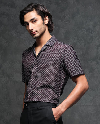 Rare Rabbit Men's Chart Brown Viscose Nylon Fabric Cuban Collar Geometric Print Half Sleeves Shirt