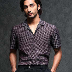 Rare Rabbit Men's Chart Brown Viscose Nylon Fabric Cuban Collar Geometric Print Half Sleeves Shirt