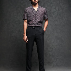 Rare Rabbit Men's Chart Brown Viscose Nylon Fabric Cuban Collar Geometric Print Half Sleeves Shirt