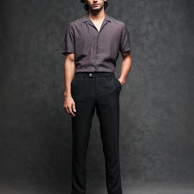 Rare Rabbit Men's Chart Brown Viscose Nylon Fabric Cuban Collar Geometric Print Half Sleeves Shirt