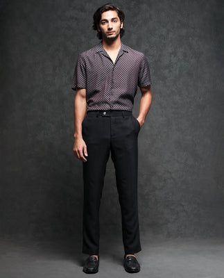 Rare Rabbit Men's Chart Brown Viscose Nylon Fabric Cuban Collar Geometric Print Half Sleeves Shirt