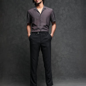 Rare Rabbit Men's Chart Brown Viscose Nylon Fabric Cuban Collar Geometric Print Half Sleeves Shirt