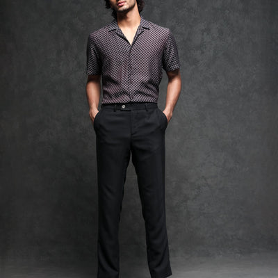 Rare Rabbit Men's Chart Brown Viscose Nylon Fabric Cuban Collar Geometric Print Half Sleeves Shirt