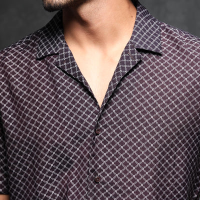 Rare Rabbit Men's Chart Brown Viscose Nylon Fabric Cuban Collar Geometric Print Half Sleeves Shirt