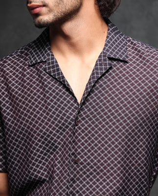 Rare Rabbit Men's Chart Brown Viscose Nylon Fabric Cuban Collar Geometric Print Half Sleeves Shirt
