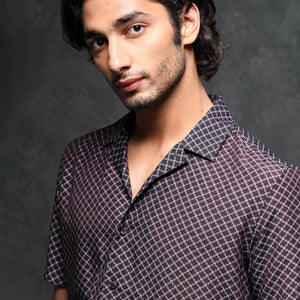 Rare Rabbit Men's Chart Brown Viscose Nylon Fabric Cuban Collar Geometric Print Half Sleeves Shirt