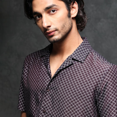 Rare Rabbit Men's Chart Brown Viscose Nylon Fabric Cuban Collar Geometric Print Half Sleeves Shirt