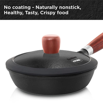 Hawkins Futura Cast Iron 16 cm Fry Pan with Glass Lid | Gas & Induction Compatible | Black