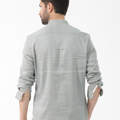 Rare Rabbit Men's Cinex Dusky Green Full Sleeve Mandarin Collar Solid Linen Shirt