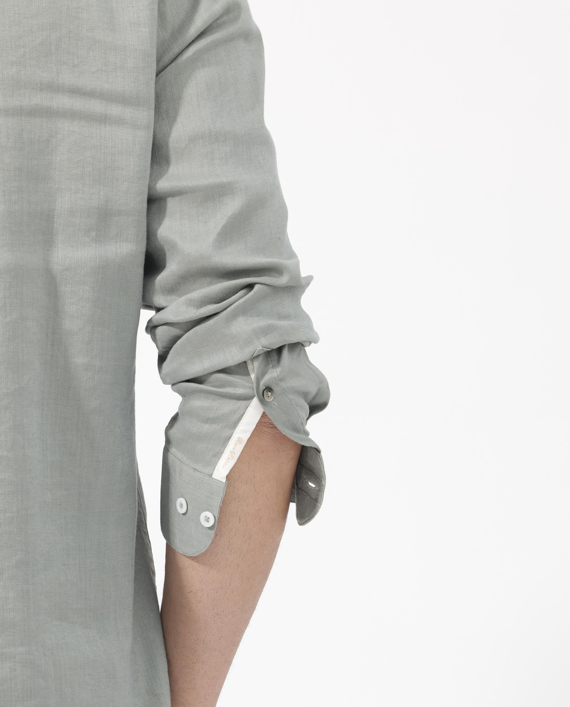 Rare Rabbit Men's Cinex Dusky Green Full Sleeve Mandarin Collar Solid Linen Shirt