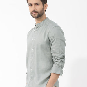 Rare Rabbit Men's Cinex Dusky Green Full Sleeve Mandarin Collar Solid Linen Shirt