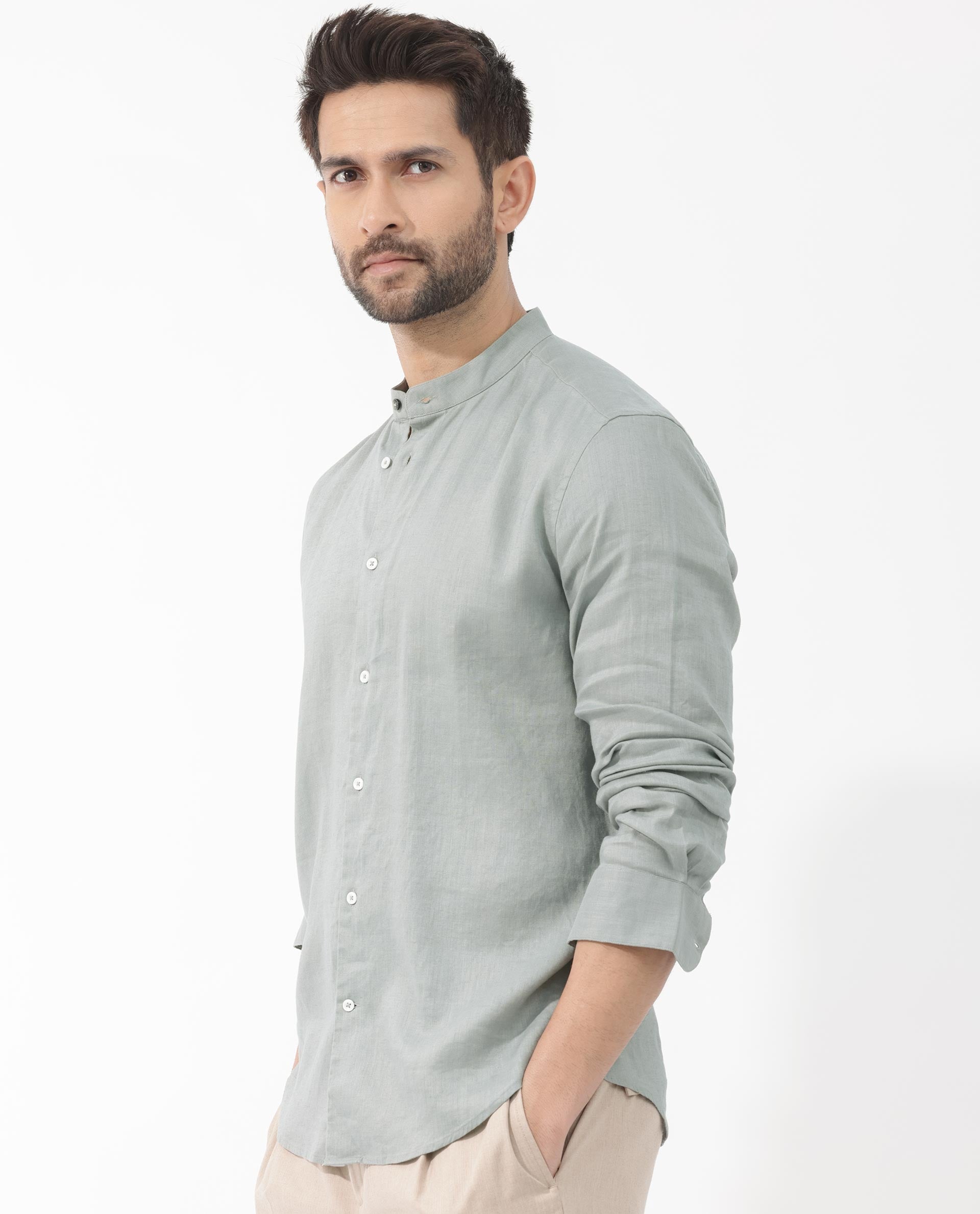 Rare Rabbit Men's Cinex Dusky Green Full Sleeve Mandarin Collar Solid Linen Shirt