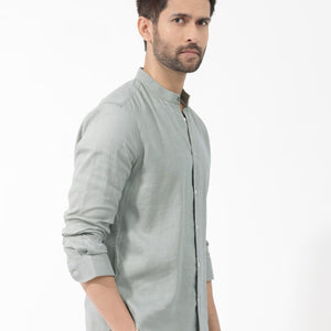 Rare Rabbit Men's Cinex Dusky Green Full Sleeve Mandarin Collar Solid Linen Shirt