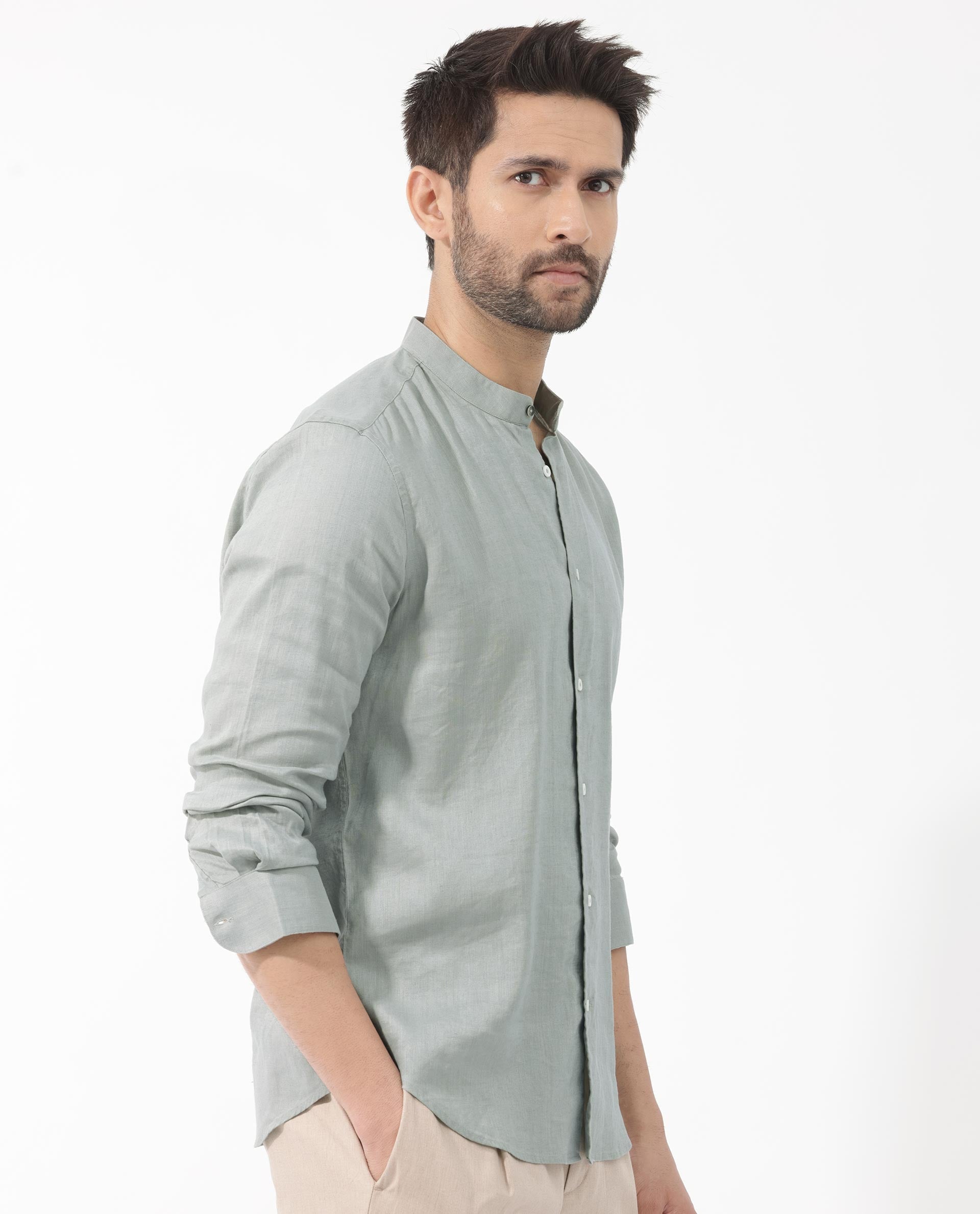 Rare Rabbit Men's Cinex Dusky Green Full Sleeve Mandarin Collar Solid Linen Shirt