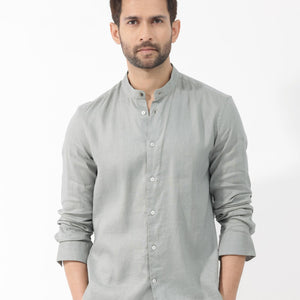 Rare Rabbit Men's Cinex Dusky Green Full Sleeve Mandarin Collar Solid Linen Shirt