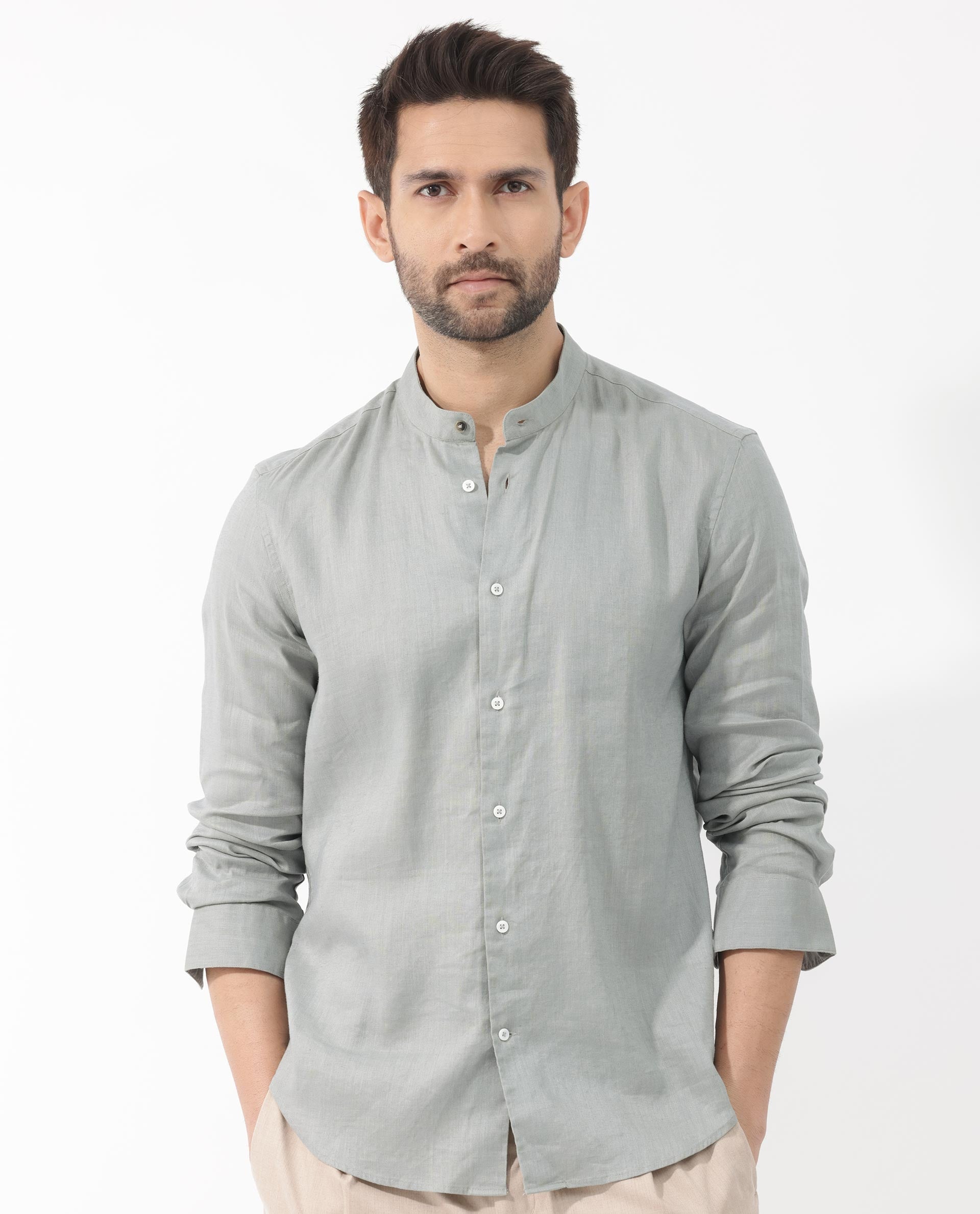 Rare Rabbit Men's Cinex Dusky Green Full Sleeve Mandarin Collar Solid Linen Shirt