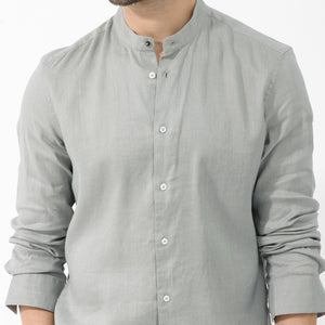 Rare Rabbit Men's Cinex Dusky Green Full Sleeve Mandarin Collar Solid Linen Shirt