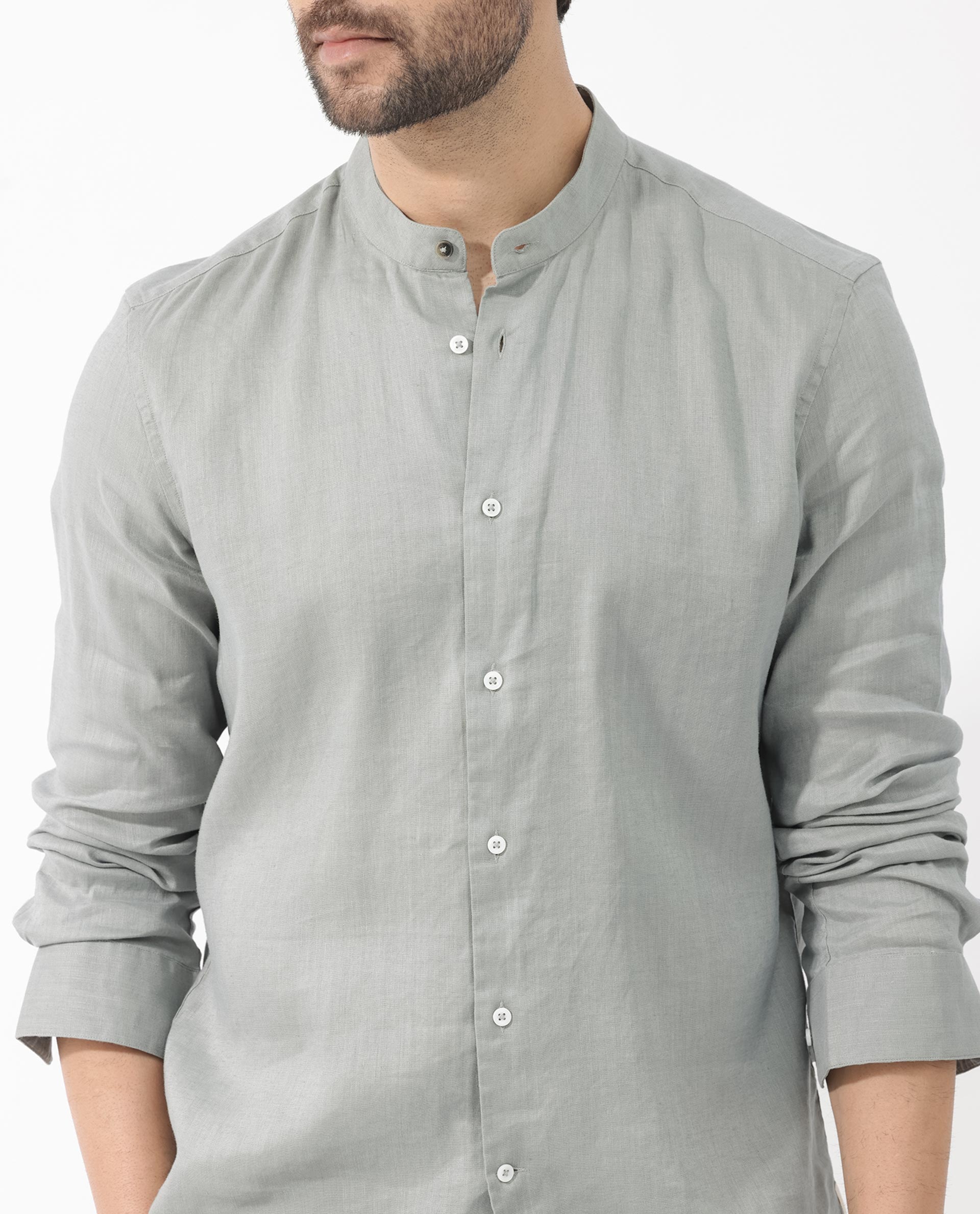 Rare Rabbit Men's Cinex Dusky Green Full Sleeve Mandarin Collar Solid Linen Shirt